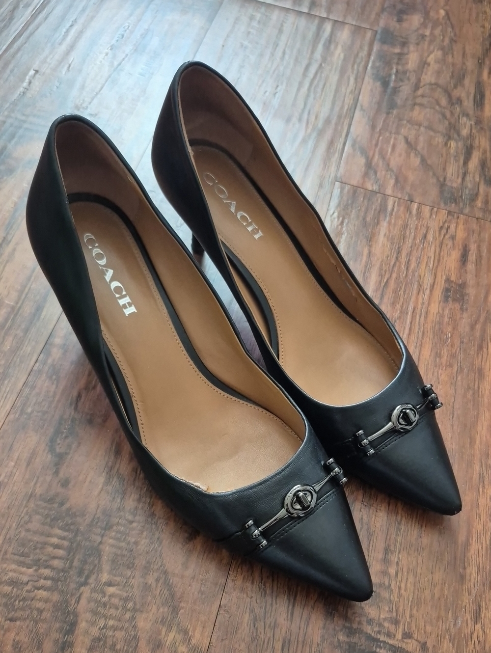 COACH Black Leather Pointed Toe Heels with Signature Bit